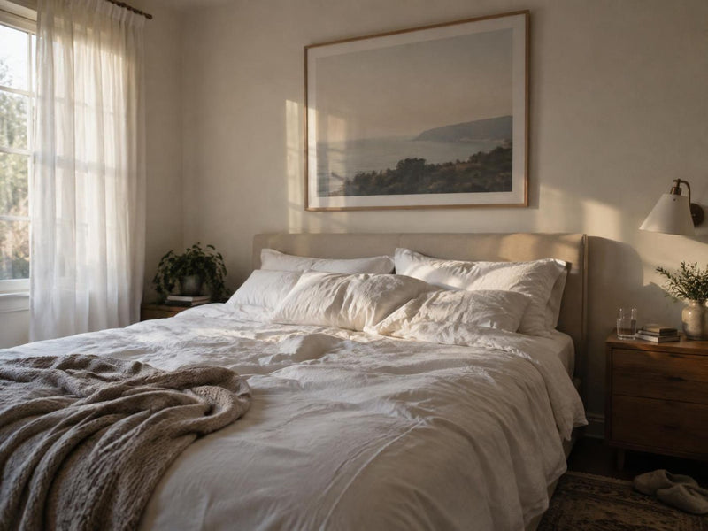 Framed print above a bed in a calm bedroom