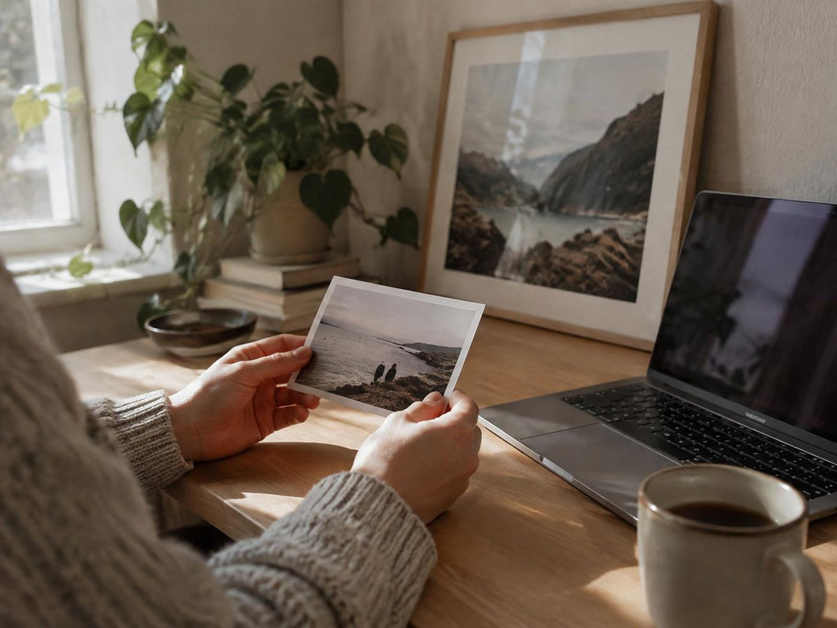 Hands holding a printed photograph beside a laptop and a framed print