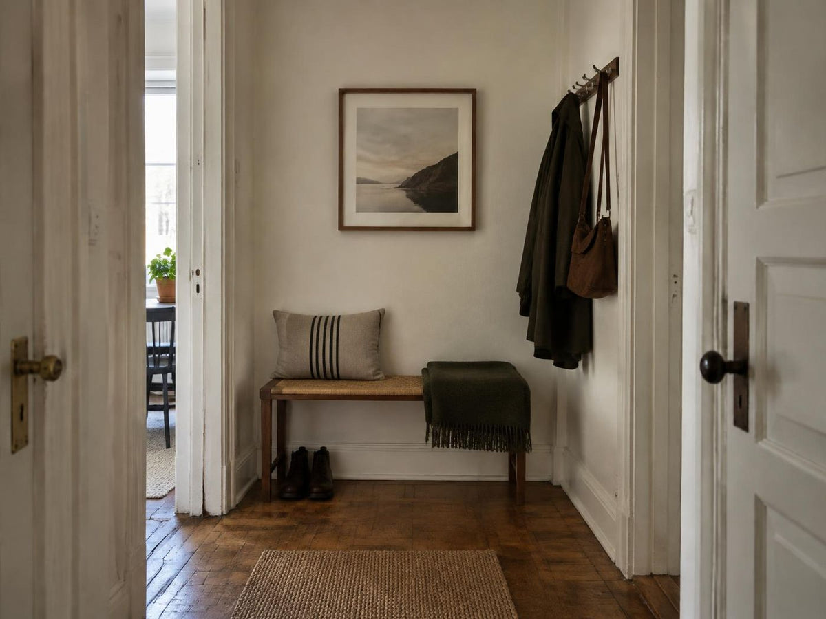 Single framed print above a bench in a narrow hallway