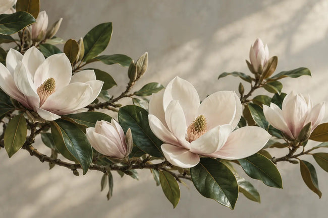 Lush magnolia branches, pale flowers and sculptural green leaves, botanical still life