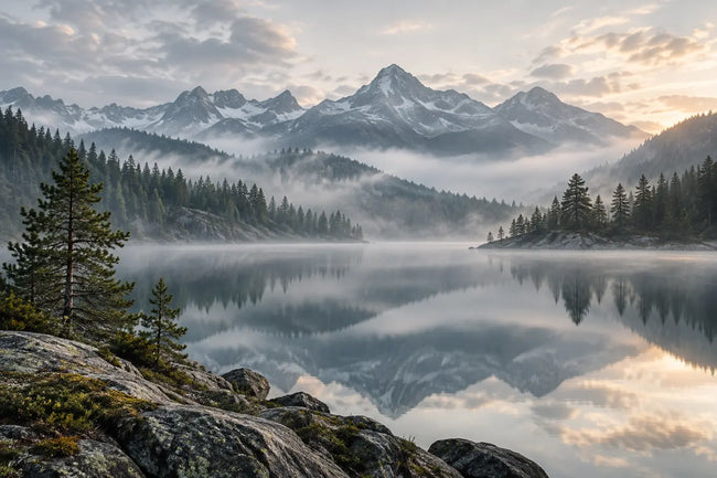 Misty Scandinavian lake, pine forest and layered mountains, tranquil fine art landscape photography