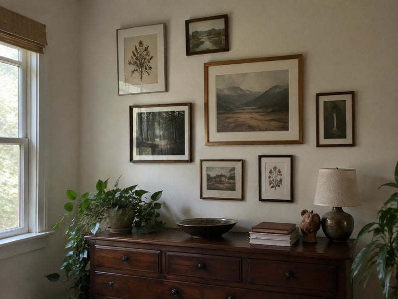 Gallery wall of mismatched frames above a wooden dresser