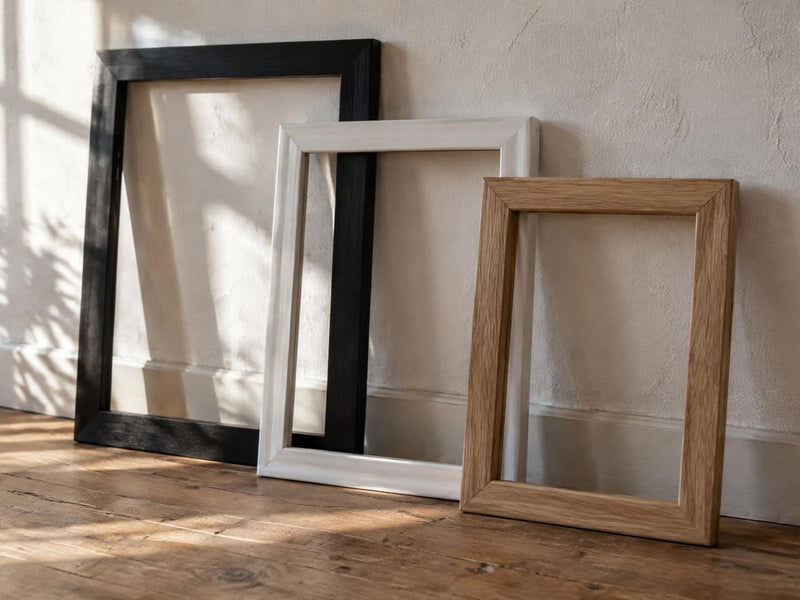 Black, white and oak picture frames leaning against a wall