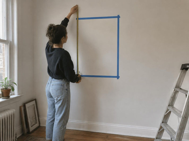 Person measuring a wall with tape marking a poster size