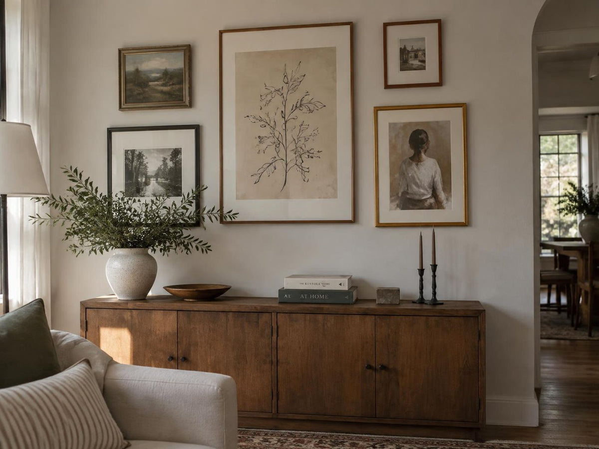 Wall with mixed framed photographs and illustrations above a sideboard