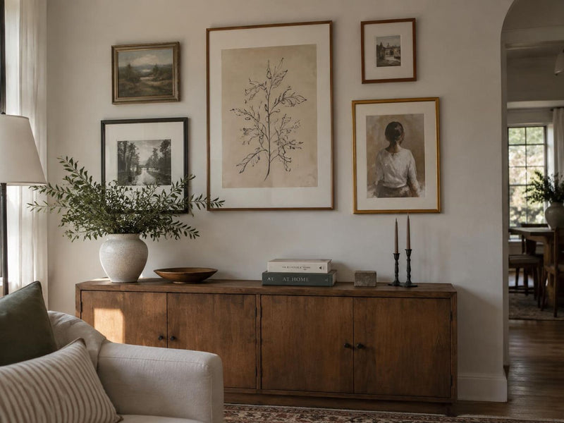 Wall with mixed framed photographs and illustrations above a sideboard