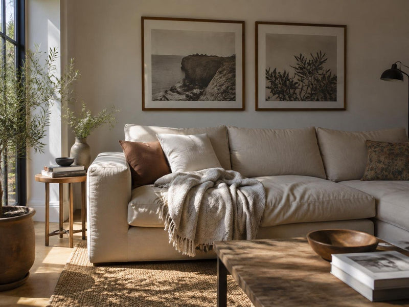 Two framed prints hung above a linen sofa