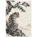 Tiger seated on a rocky ledge beneath a magpie on a pine branch, with pale mountains against a warm cream background.