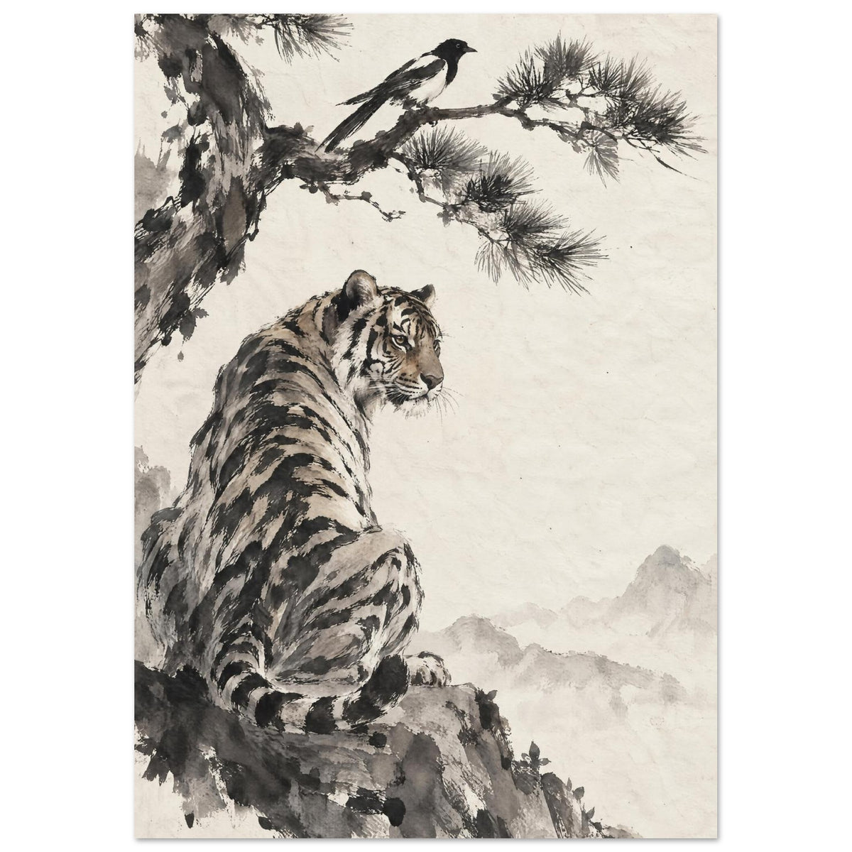 Tiger seated on a rocky ledge beneath a magpie on a pine branch, with pale mountains against a warm cream background.