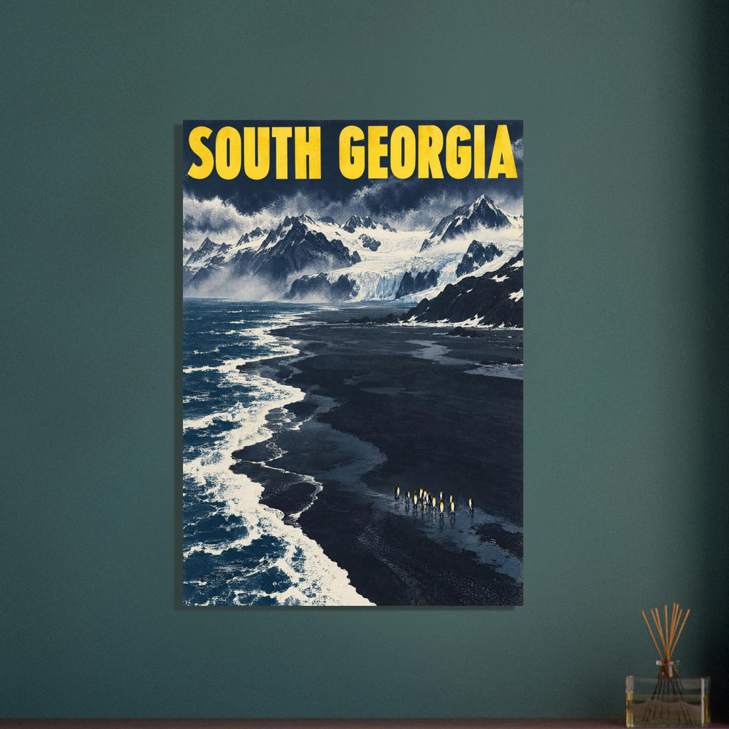 South Georgia poster with yellow lettering above snowy mountains, a glacier, dark beach, white surf and small penguins.