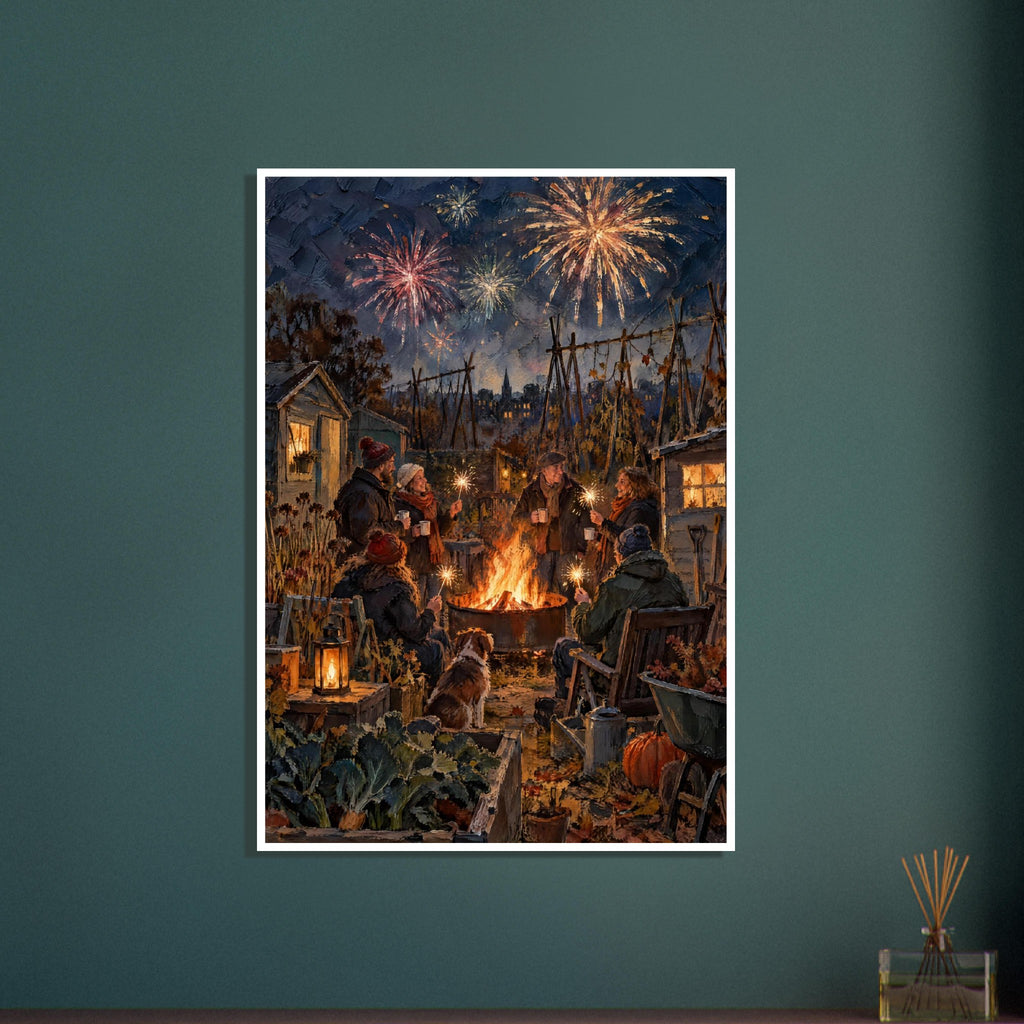 People with sparklers gather around a fire pit with a dog in an allotment, beneath fireworks in a dark blue sky.