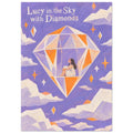 Seated figure inside a floating diamond among cream clouds and orange stars, with Lucy in the Sky with Diamonds lettering.