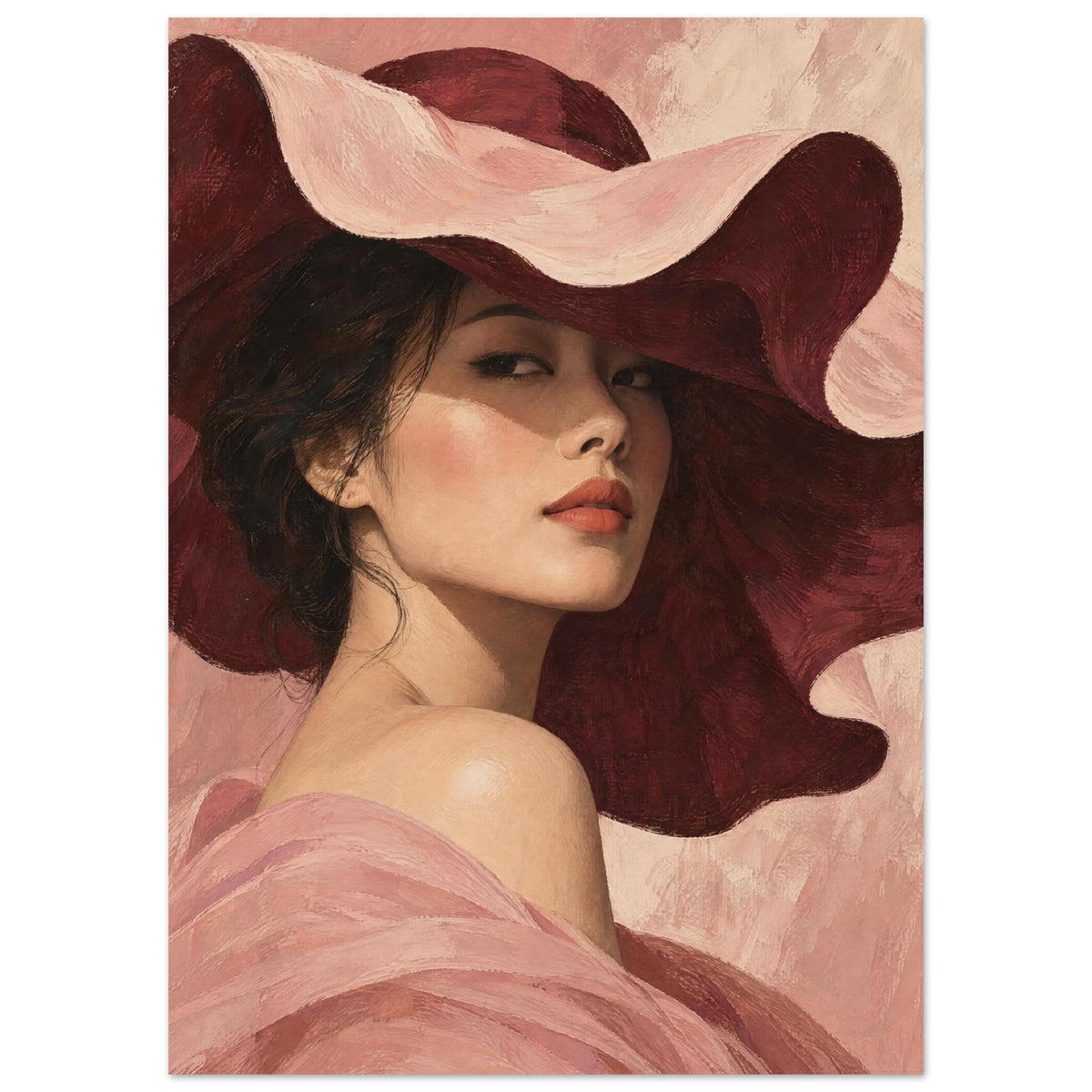 The Scalloped Hat portrays a woman beneath a broad blush hat with an undulating brim and a soft shadow across her eyes.