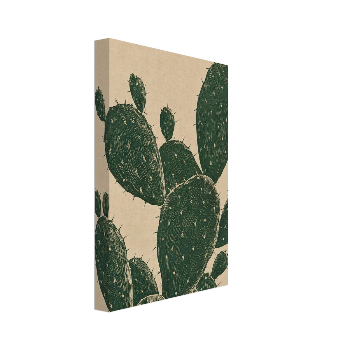 Prickly pear cactus with overlapping dark green oval pads, fine pale markings and spines against a textured beige background.