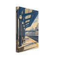 Railway platform with wooden benches, globe lamps and a sweeping steel canopy, in blue and cream with long shadows.