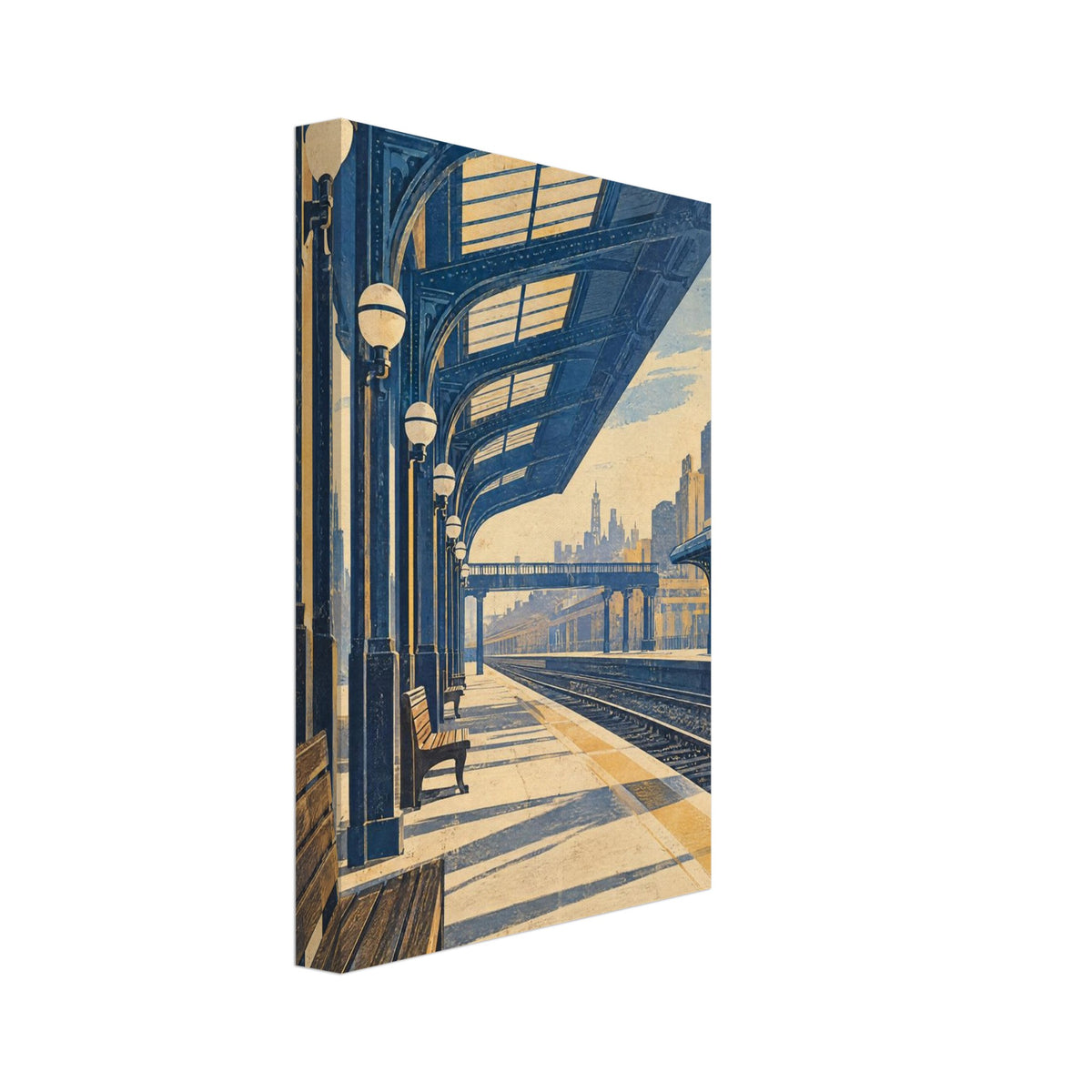 Railway platform with wooden benches, globe lamps and a sweeping steel canopy, in blue and cream with long shadows.