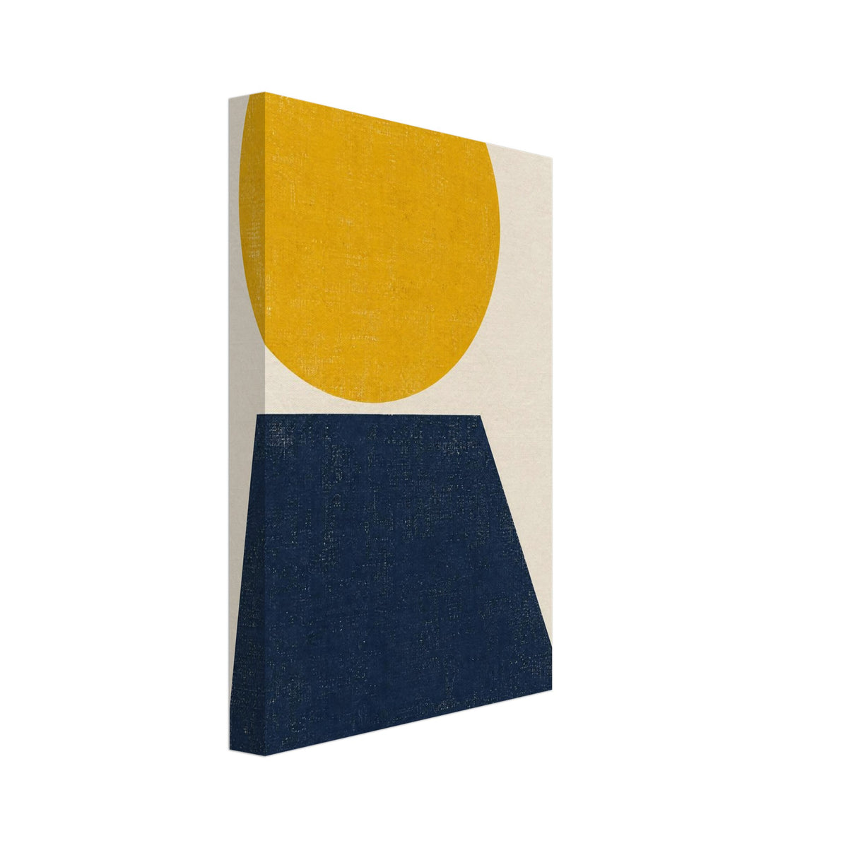 Large yellow circle above a navy trapezoid on a cream background, with distressed texture across the shapes.