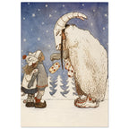 Two children face a figure in a horned goat mask and shaggy cream cloak beneath stars, with parcels and snowy fir trees.