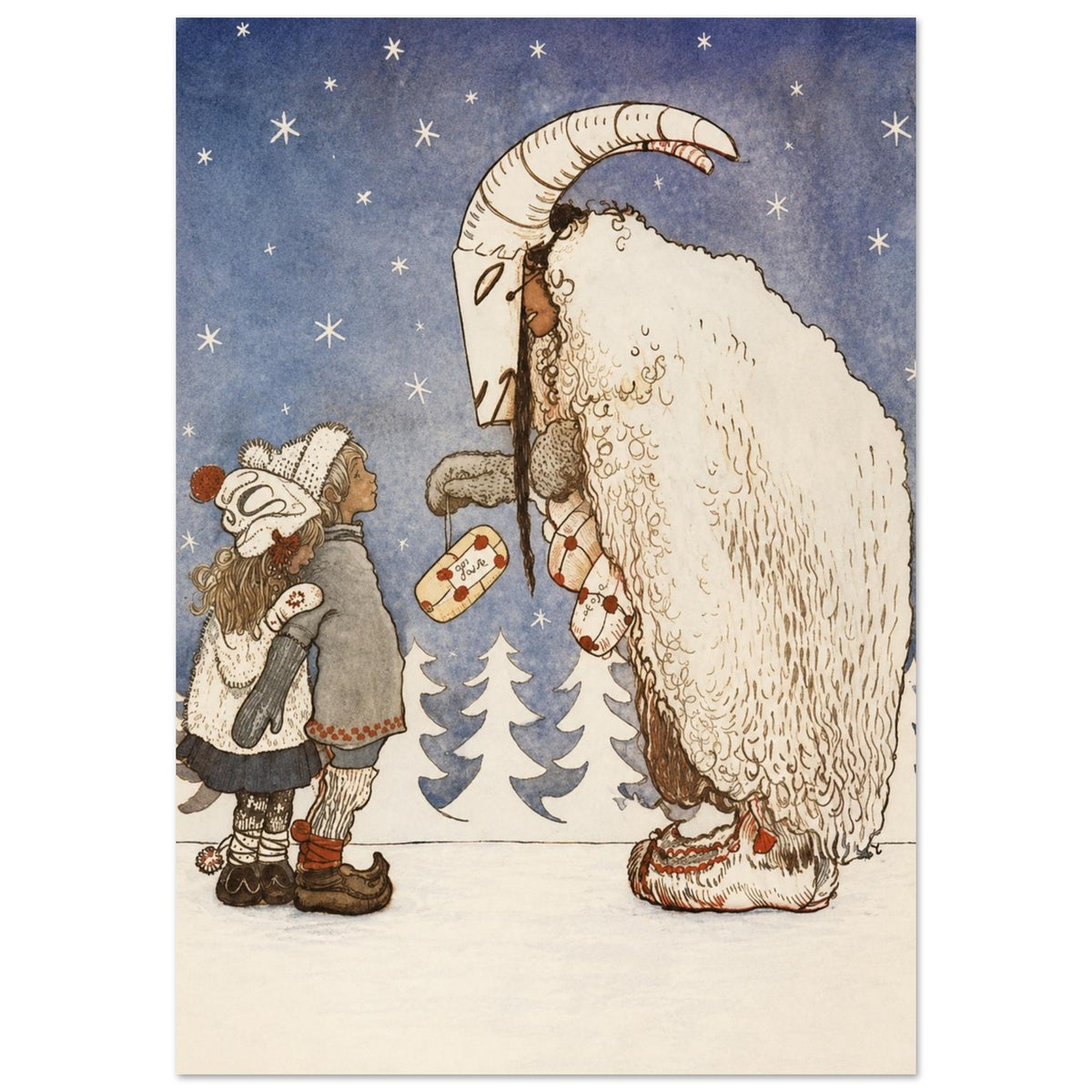 Two children face a figure in a horned goat mask and shaggy cream cloak beneath stars, with parcels and snowy fir trees.