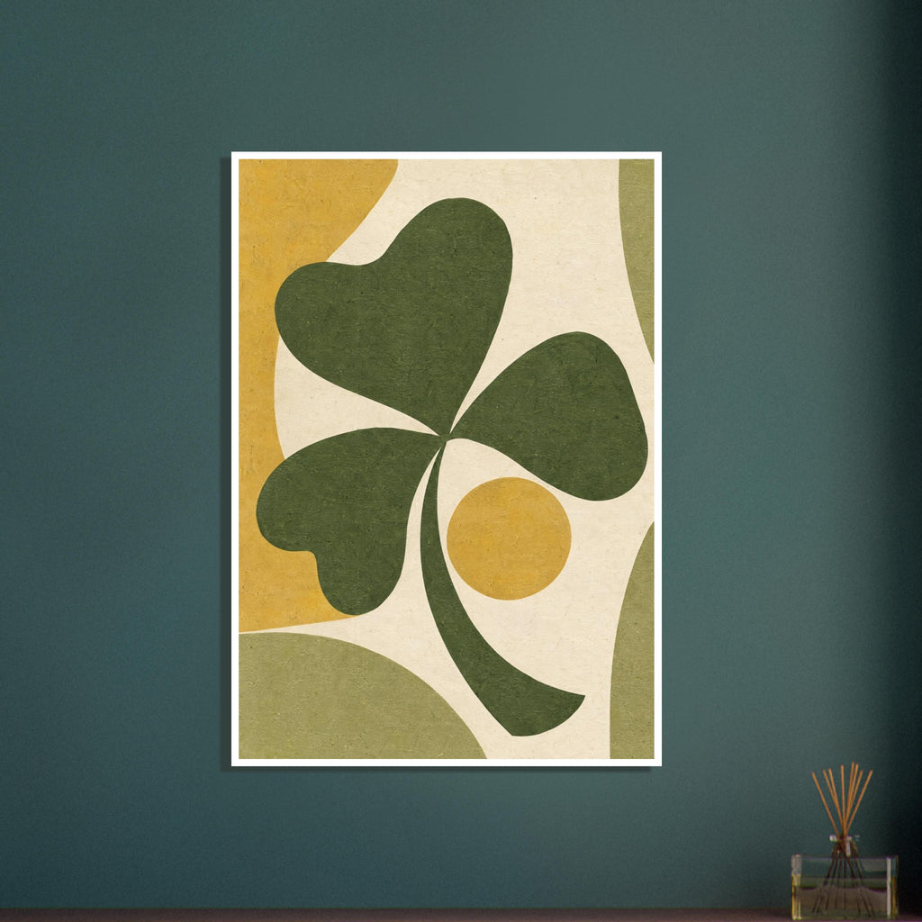Green three-leaf shamrock with a curved stem, yellow circle and flowing mustard and muted green shapes on cream.