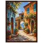 Coastal village lane with blue and orange buildings, potted flowers and a stone archway opening onto a sea view.