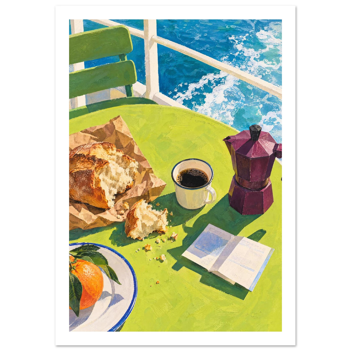 Seaside Breakfast Colourful Art Print – White Border
