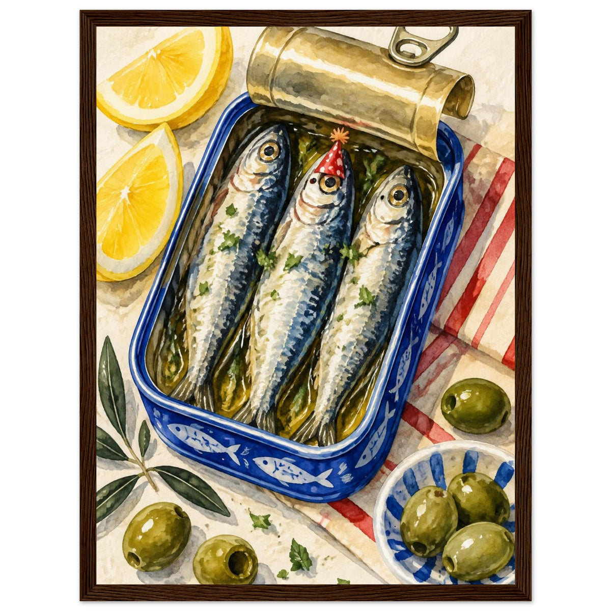 Three sardines in an open blue tin, one wearing a red party hat, surrounded by lemon wedges, olives and striped cloth.