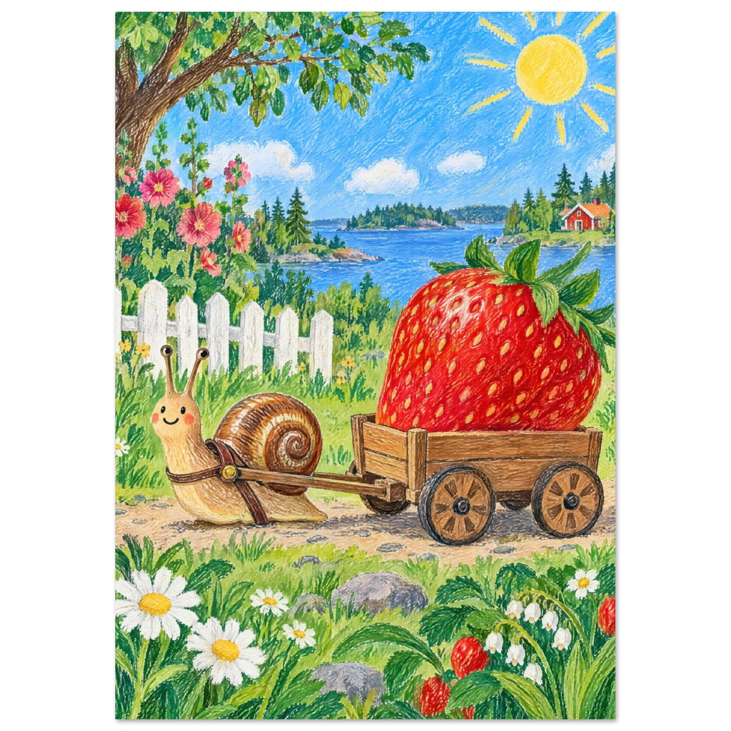 Smiling snail pulling a wooden cart with a giant strawberry through a flower-filled garden beside blue water.