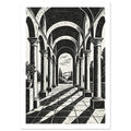 Arched colonnade with tall columns, vaulted ceilings and diagonal shadows on a tiled floor, opening onto trees and hills.