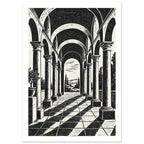 Arched colonnade with tall columns, vaulted ceilings and diagonal shadows on a tiled floor, opening onto trees and hills.
