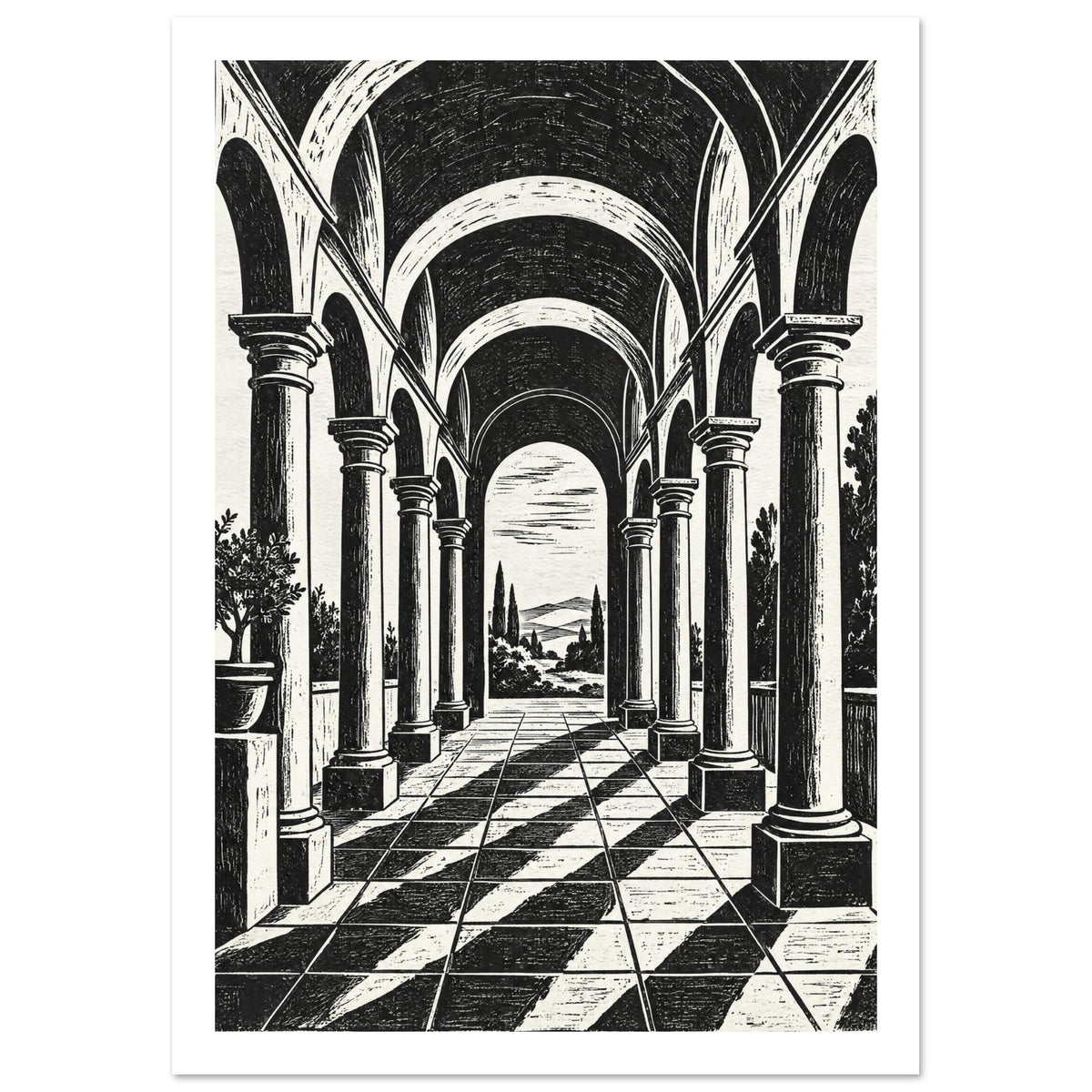 Arched colonnade with tall columns, vaulted ceilings and diagonal shadows on a tiled floor, opening onto trees and hills.