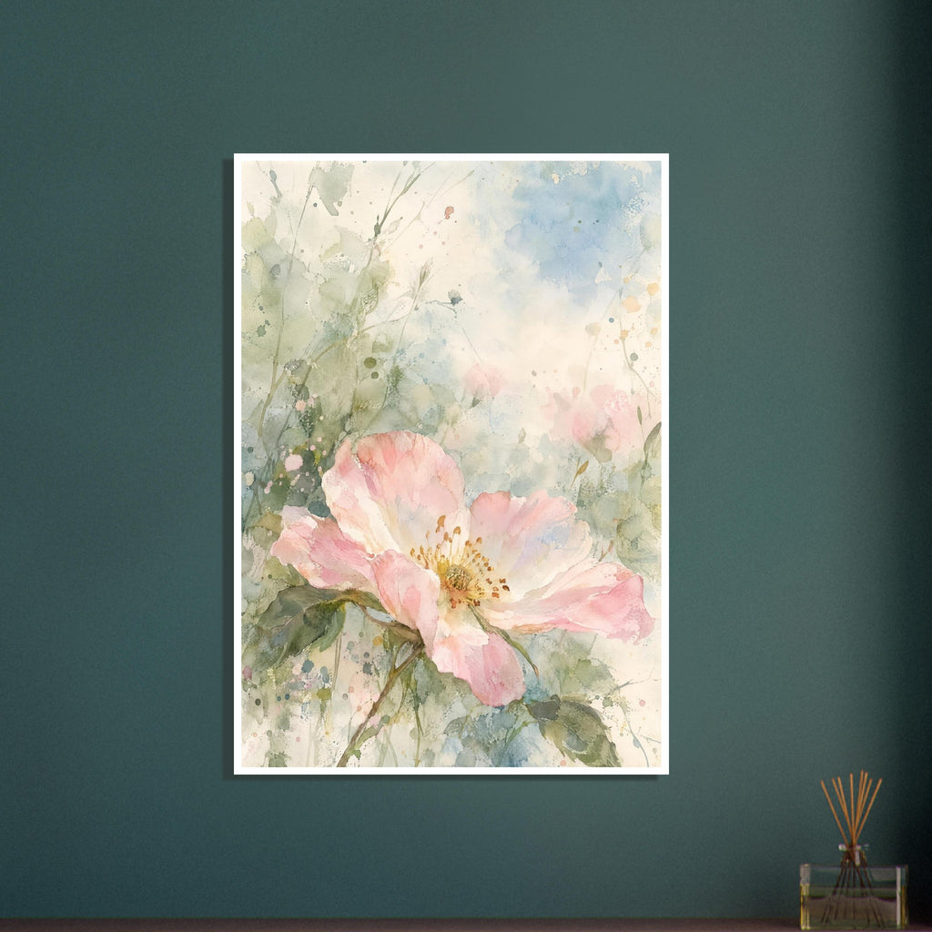 Open pink wild rose with a golden centre and green leaves against loose pale blue, sage and cream watercolour washes.