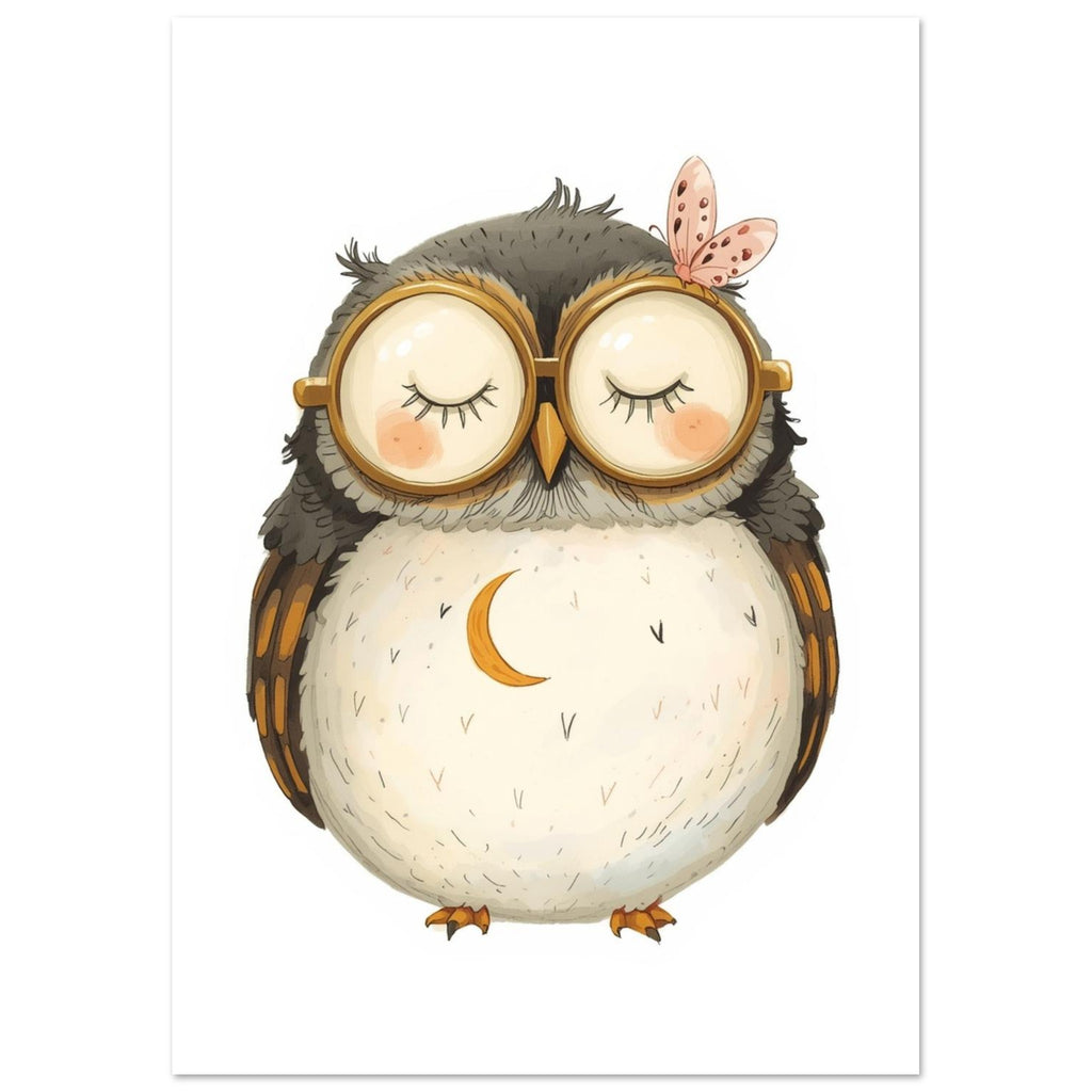Sleepy grey and cream owl wearing golden glasses, with a crescent moon on its belly and a pink butterfly above one lens.