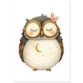 Sleepy grey and cream owl wearing golden glasses, with a crescent moon on its belly and a pink butterfly above one lens.