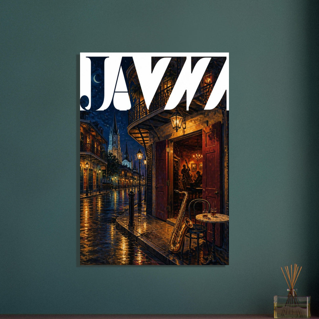 Jazz lettering above a lamplit wet street, with a saxophone beside a café table and musicians inside an open doorway.