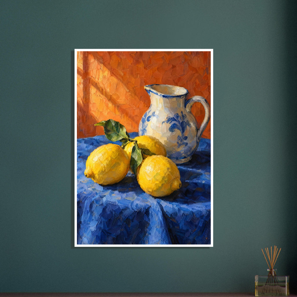 Three yellow lemons with green leaves beside a cream and blue floral jug on blue cloth against an orange background.