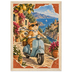 Orange cat in sunglasses and a scarf on a blue scooter, with lemons, flowers, coastal buildings and sailboats behind.