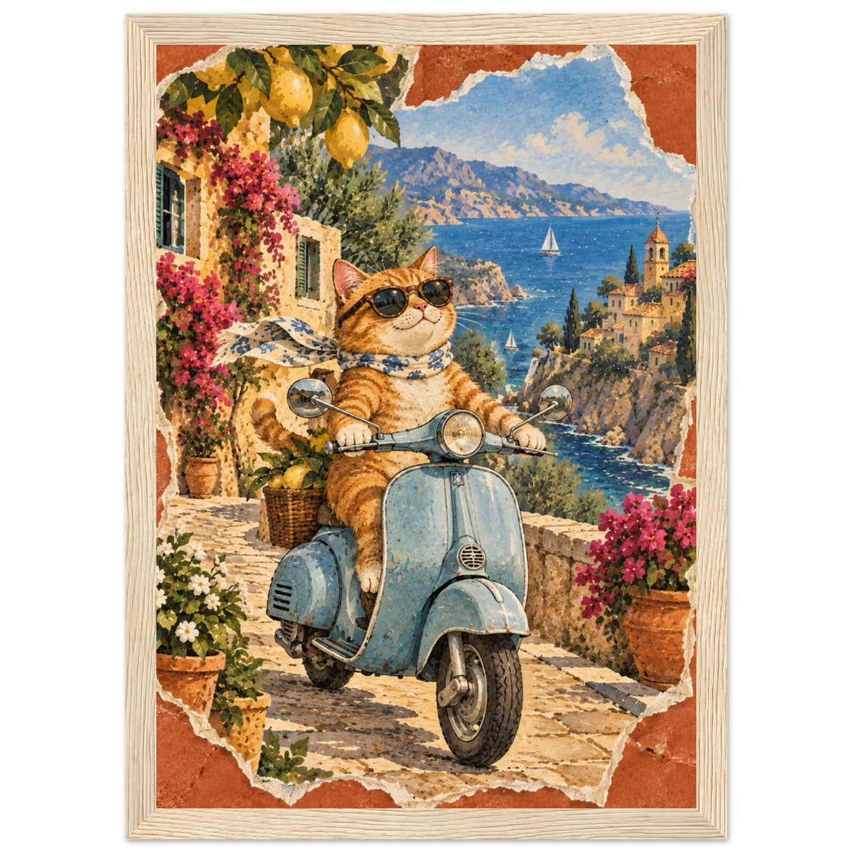Orange cat in sunglasses and a scarf on a blue scooter, with lemons, flowers, coastal buildings and sailboats behind.