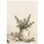 Rosemary in a stoneware jug painted in watercolour, with loose stems and folded linen against a warm ivory background.
