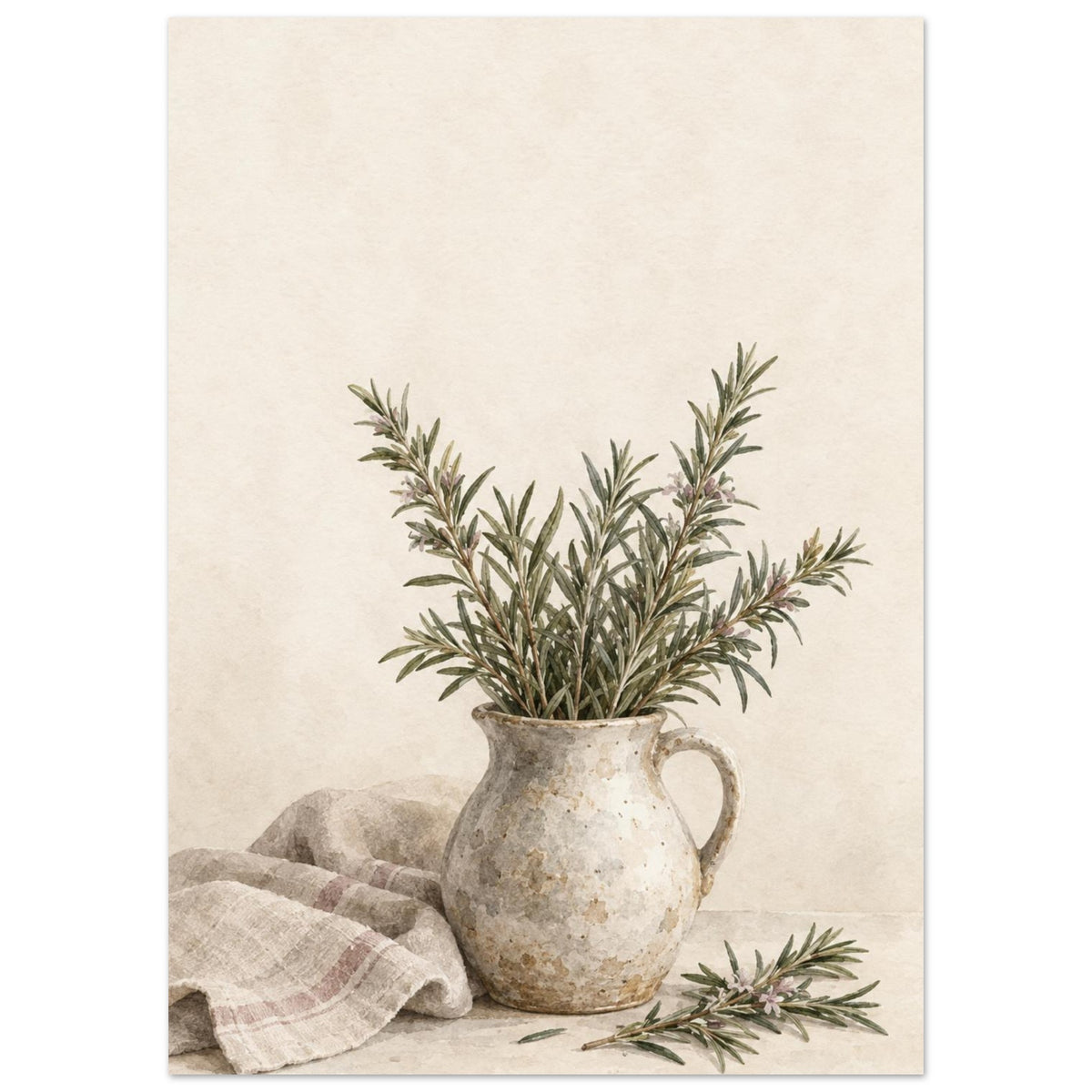 Rosemary in a stoneware jug painted in watercolour, with loose stems and folded linen against a warm ivory background.