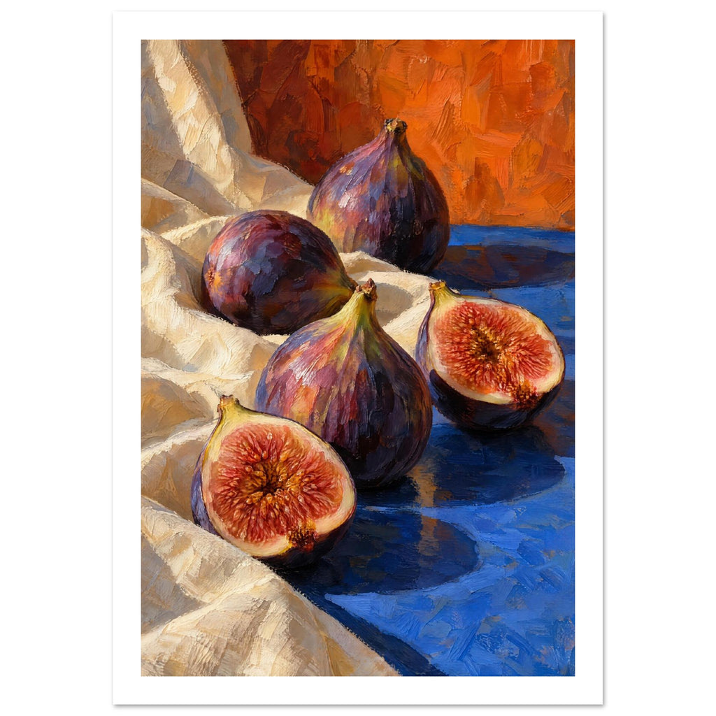 Three whole purple figs and two cut halves on cream fabric and a blue surface, with an orange background and textured brushwo