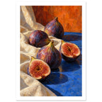 Three whole purple figs and two cut halves on cream fabric and a blue surface, with an orange background and textured brushwo
