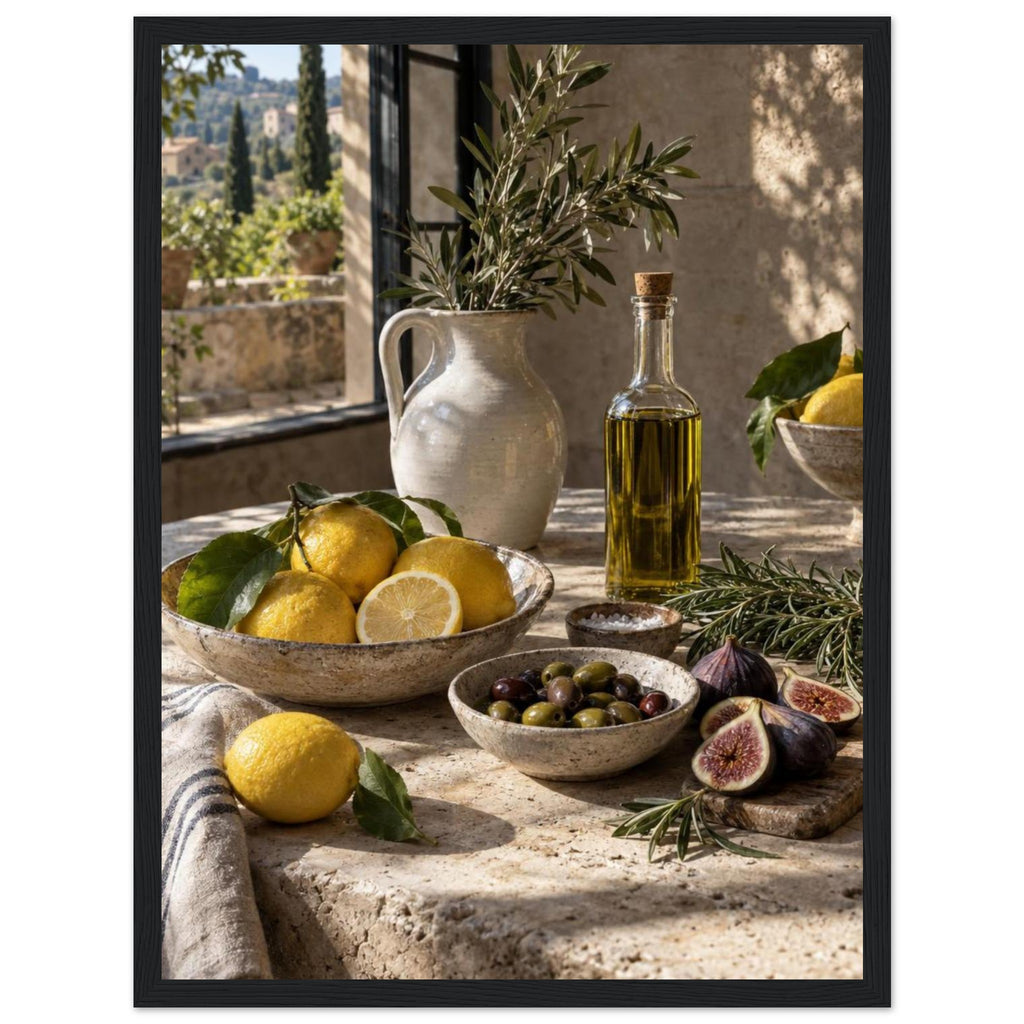 Lemons, olives, figs and a bottle of oil on a stone table beside a ceramic jug of leafy branches and a sunlit window.