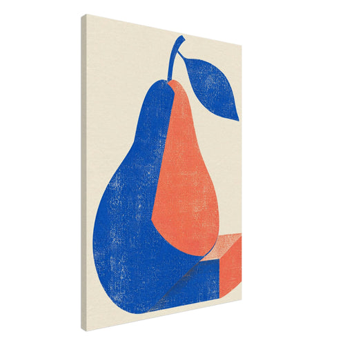 Stylised blue and coral pear with a blue leaf and geometric base, rendered in a distressed texture on cream.