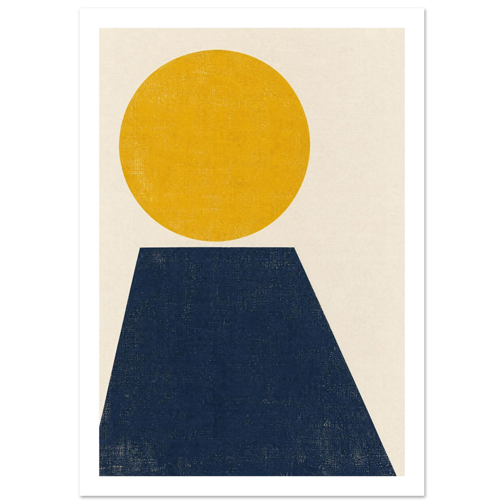 Large yellow circle above a navy trapezoid on a cream background, with distressed texture across the shapes.