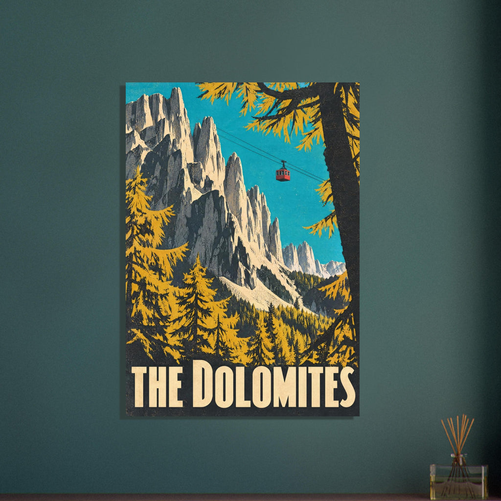 Dolomites peaks and golden trees beneath a turquoise sky, with a red cable car and large cream ‘The Dolomites’ lettering.