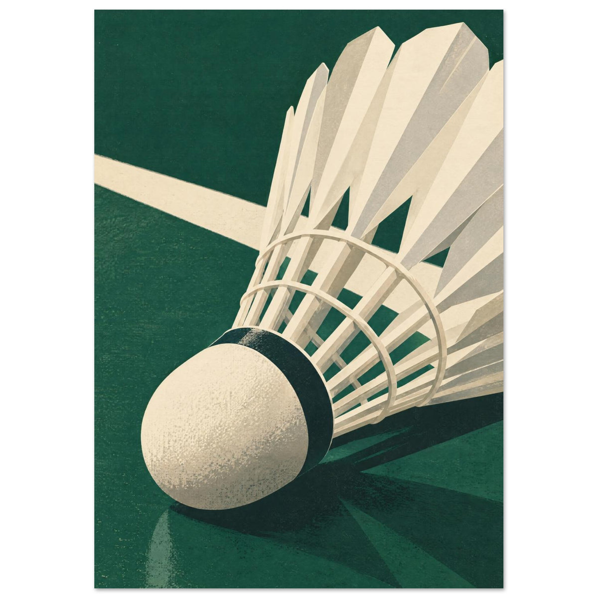 Vit fjäderboll på sidan i närbild på en skogsgrön badmintonbana med en vit linje bakom.