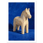 Carved Wooden Horse Blue Art Print – White Border