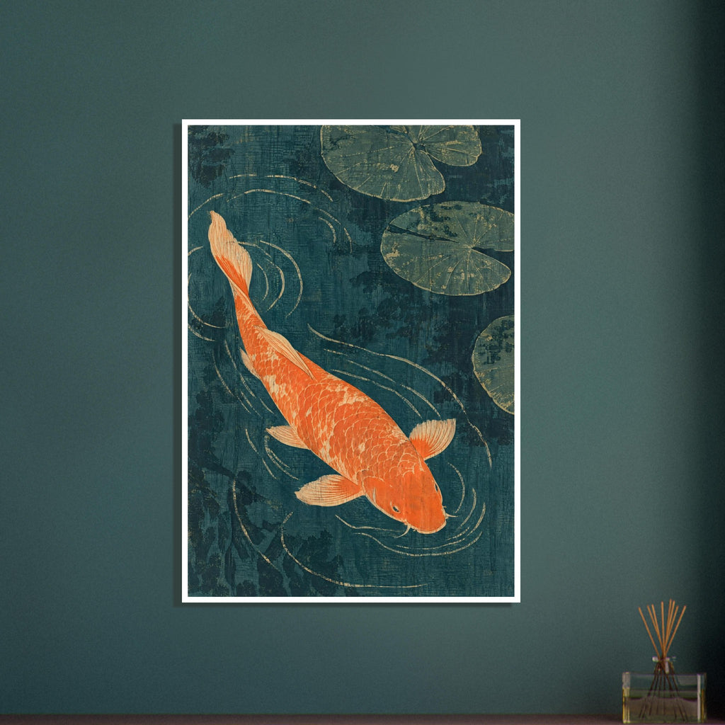Orange koi fish swimming through dark teal water with cream ripple lines, green lily pads and a distressed texture.