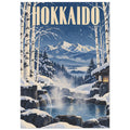Hokkaido lettering above snowy birch trees, distant mountains and a steaming rocky hot spring beside a wooden shelter.